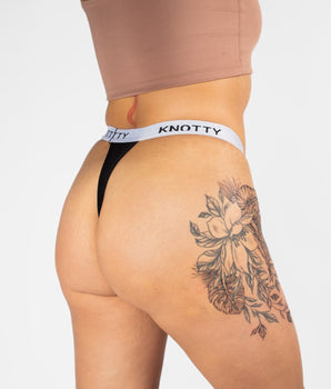 Knotty Black Cotton Banded Thong