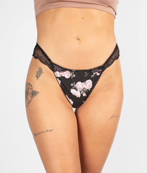 Knotty Rosy Retro Black Cotton Lace Thong